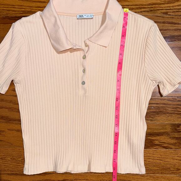 Zara Light Pink Collared Ribbed Cropped Baby Polo Top Size Large - Picture 10 of 10